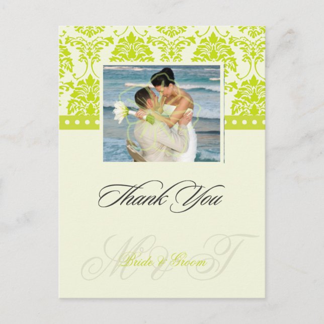 Green +  Ivory Damask Thank You Photo postcards, Postcard (Front)