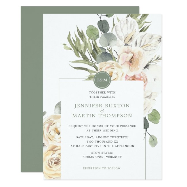 Green Ivory Floral Eucalyptus Monogram Wedding Invitation
