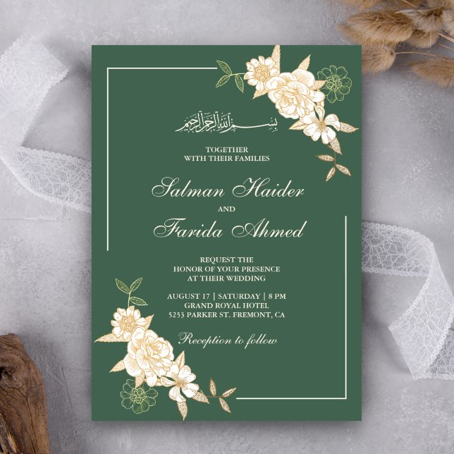 Green Ivory Floral Leaves Branch Muslim Wedding Invitation (Creator Uploaded)