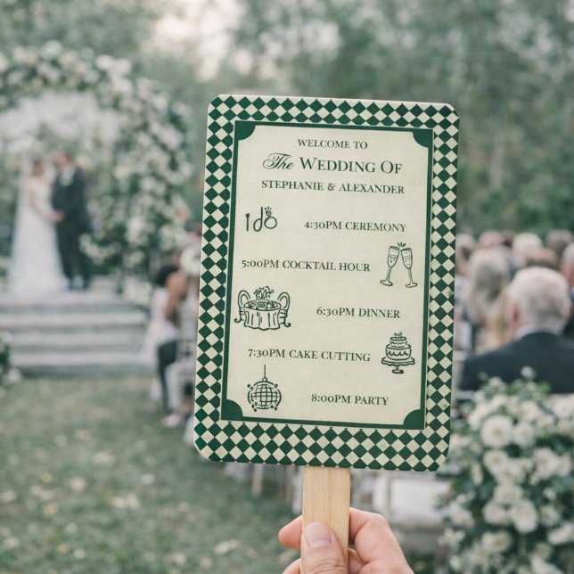 Green & Ivory Old Money Wedding Program Itinerary Hand Fan (Creator Uploaded)