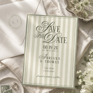 Green Ivory Striped Old Money Calligraphy Wedding Save The Date