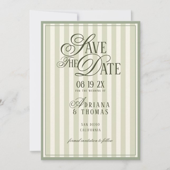 Green Ivory Striped Old Money Calligraphy Wedding Save The Date (Front)
