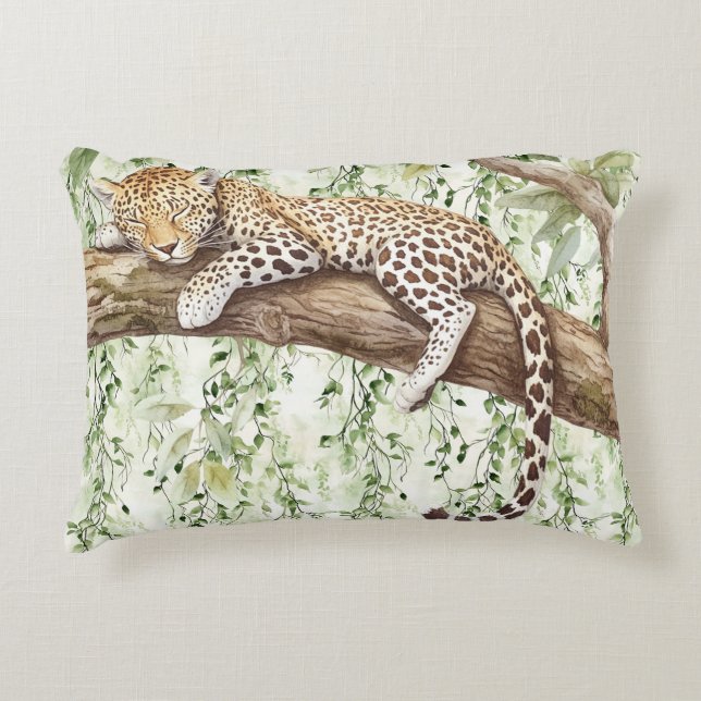Green Ivy Abstract Jungle Leopard in tree Accent Pillow (Front)