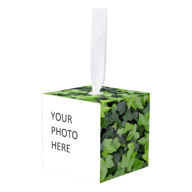 Green Ivy Botanical Print Cube Ornament (Front Angled)