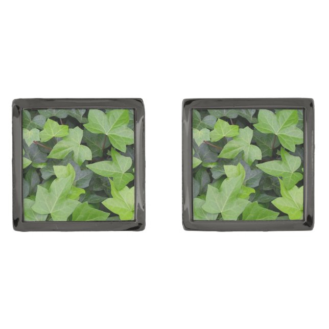 Green Ivy Botanical Print Gunmetal Finish Cufflinks (Front)