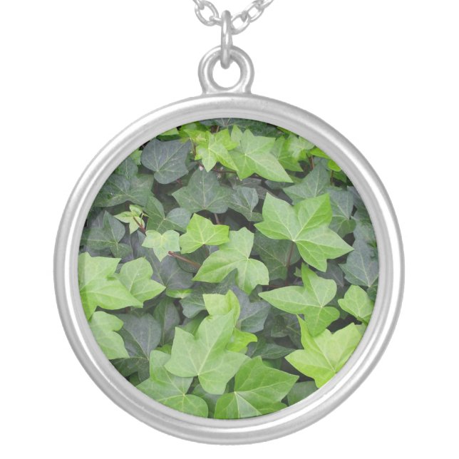 Green Ivy Botanical Print Silver Plated Necklace (Front)