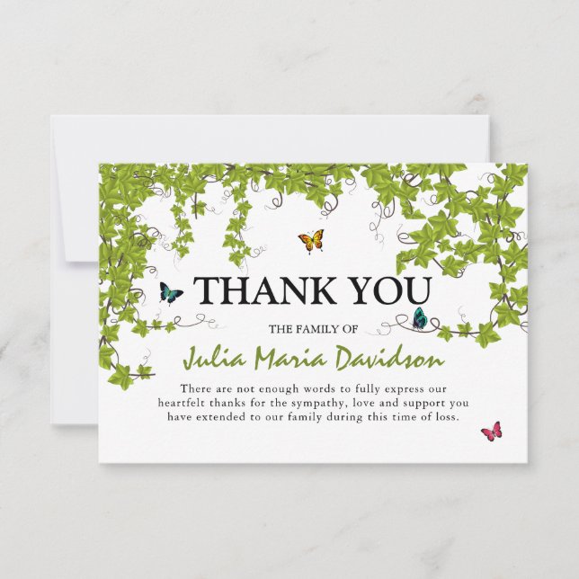 Green Ivy & Butterflies Sympathy Thank You Card (Front)