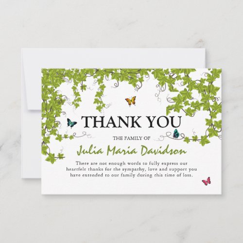 Green Ivy  Butterflies Sympathy Thank You Card
