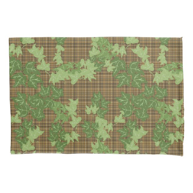Green ivy gold black brown plaid pillow case (Front-Left)