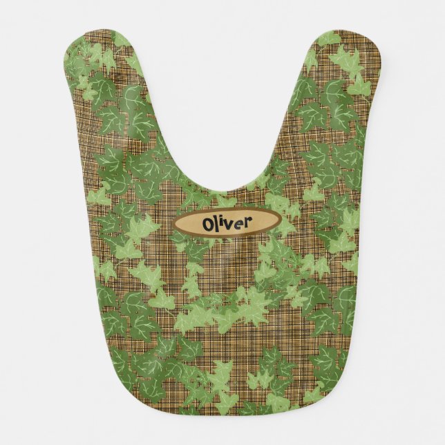  Green ivy on a gold black brown plaid Baby Bib (Front)