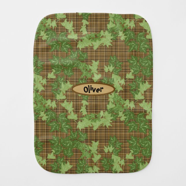  Green ivy on a gold black brown plaid Baby Burp Cloth (Front)