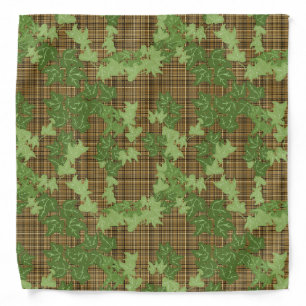 Green ivy on gold black brown plaid  bandana