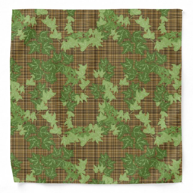 Green ivy on gold black brown plaid  bandana (Front)