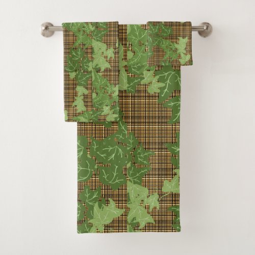 Green ivy on gold black brown plaid  bath towel set