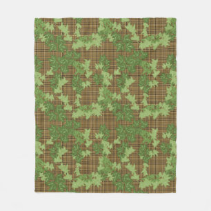 Green ivy on gold black brown plaid  fleece blanket
