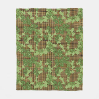 Green ivy on gold black brown plaid fleece blanket
