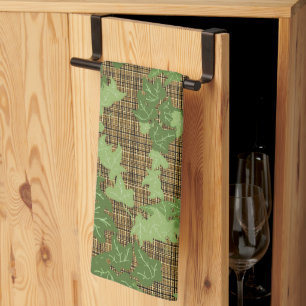 Green ivy on gold black brown plaid kitchen towel