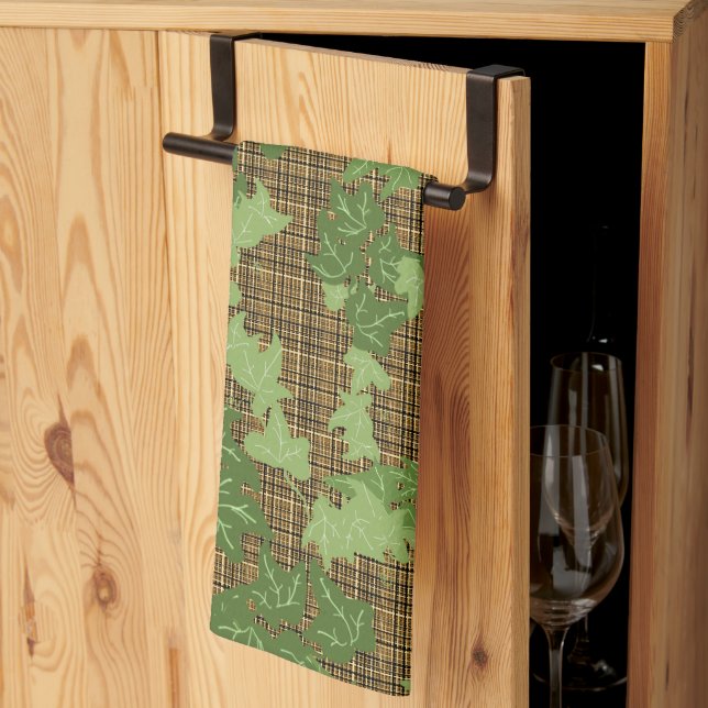 Green ivy on gold black brown plaid kitchen towel (Thirds Fold)