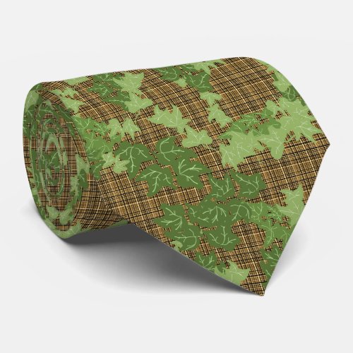 Green ivy on gold black brown plaid neck tie