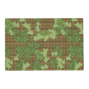 Green ivy on gold black brown plaid placemat