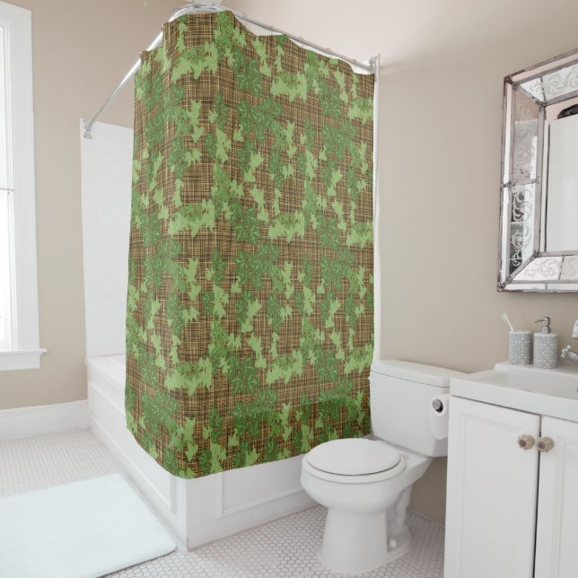 Green ivy on gold black brown plaid shower curtain (In Situ)