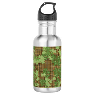 Green ivy on gold black brown plaid stainless steel water bottle