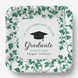 Green Ivy Pattern Personalized Graduation Paper Plates