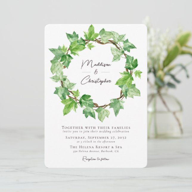 Green Ivy Wreath Wedding Invitation (Standing Front)
