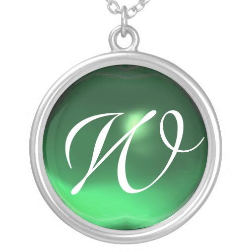 Green Jade Gem  Monogram Silver Plated Necklace
