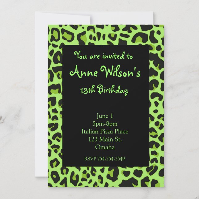 Green Jaguar Print Girls Invitation (Front)