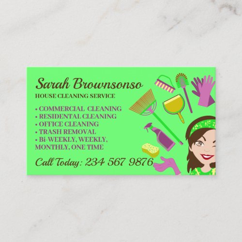 Green Janitor Woman Cartoon House Cleaning Business Card