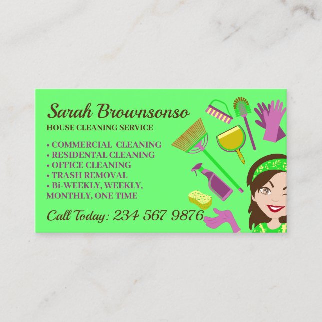 Green Janitor Woman Cartoon House Cleaning Business Card (Front)