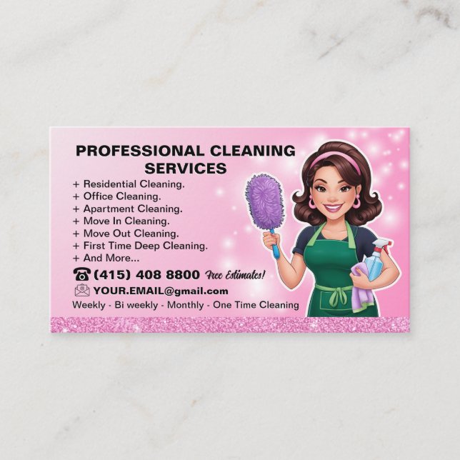 Green Janitorial Lady Business Card House Cleaning (Front)