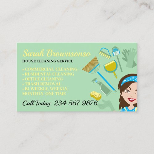 Green Janitorial Lady Cartoon Girl House Cleaning Business Card