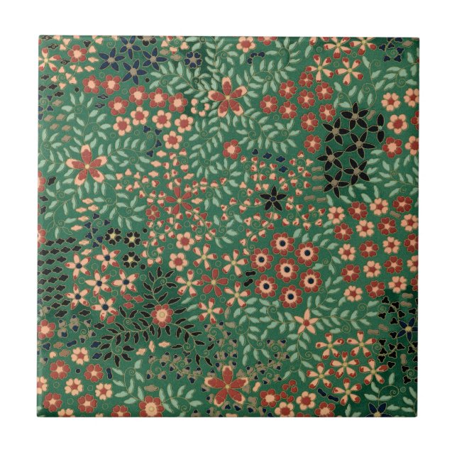 Green Japanese flower background traditional flora Ceramic Tile (Front)