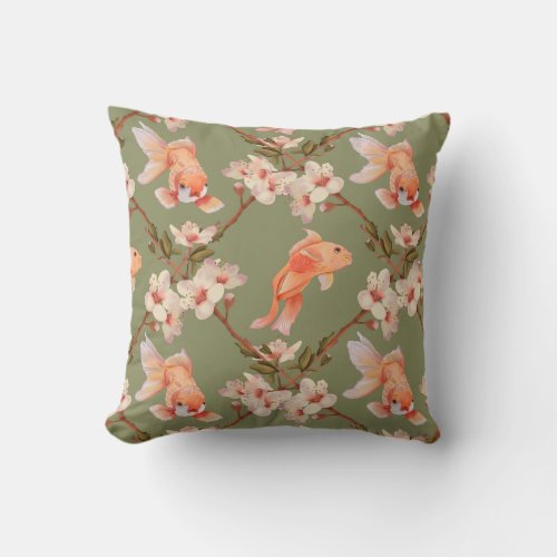 Green Japanese Goldfish Koi Watercolor Pattern Throw Pillow