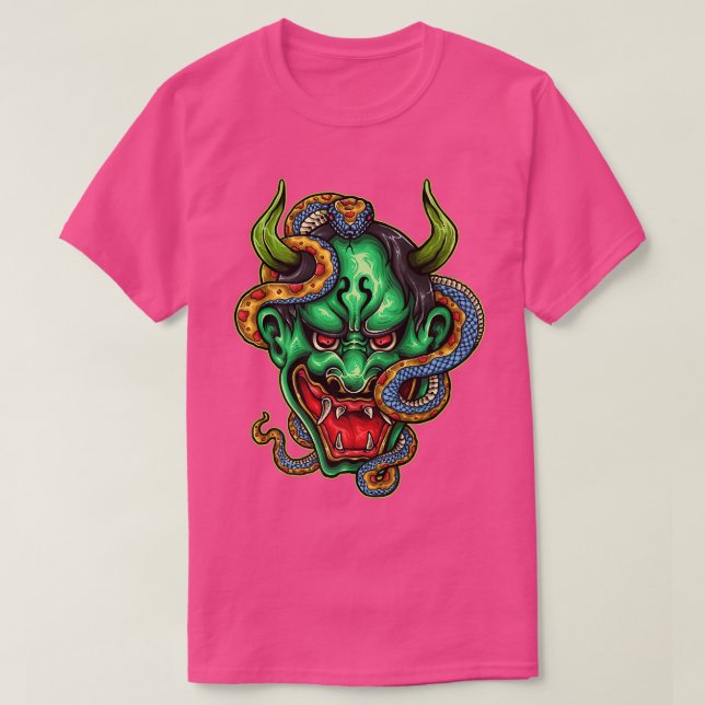 Green Japanese Oni Hannya Mask Demon Devil Snake  T-Shirt (Design Front)