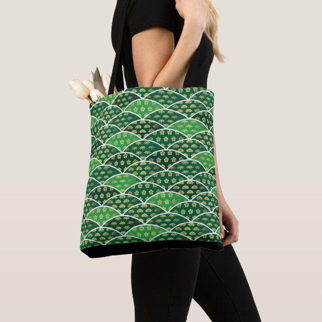 Green Japanese traditionally auspicious pattern Tote Bag (Close Up)