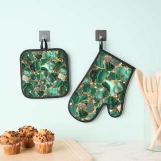 Green Jasper and Gold Oven Mitt & Pot Holder Set