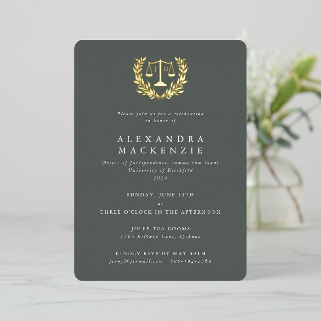 Green JD Law Scales+Laurel Wreath Graduation Party Foil Invitation (Standing Front)