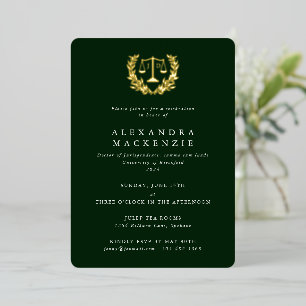 Green JD Law Scales+Laurel Wreath Graduation Party Foil Invitation