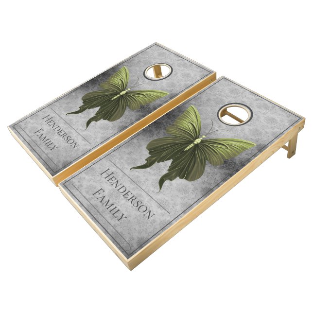 Green Jeweled Butterfly Damask Cornhole Set (Angled)