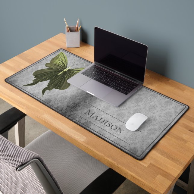 Green Jeweled Butterfly Damask Desk Mat (Office 2)