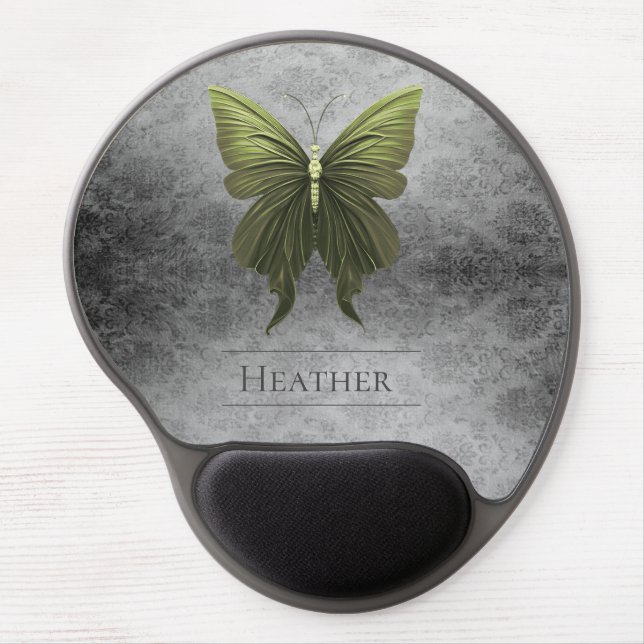 Green Jeweled Butterfly Damask Gel Mouse Pad (Front)