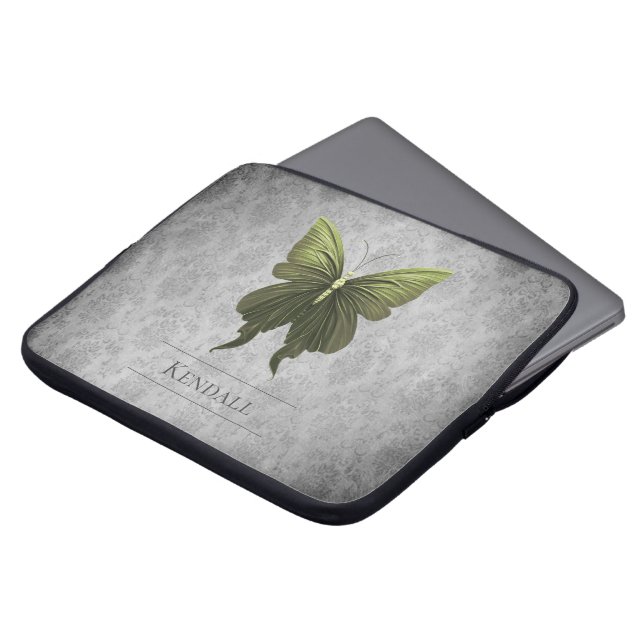 Green Jeweled Butterfly Damask Laptop Sleeve (Front Top)