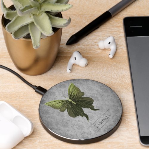 Green Jeweled Butterfly Damask Wireless Charger