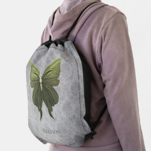 Green Jeweled Butterfly Drawstring Bag