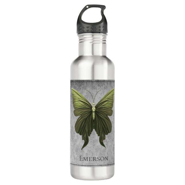 Green Jeweled Butterfly Stainless Steel Water Bottle (Front)
