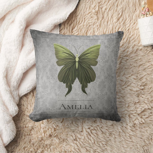 Green Jeweled Butterfly Throw Pillow (Blanket)
