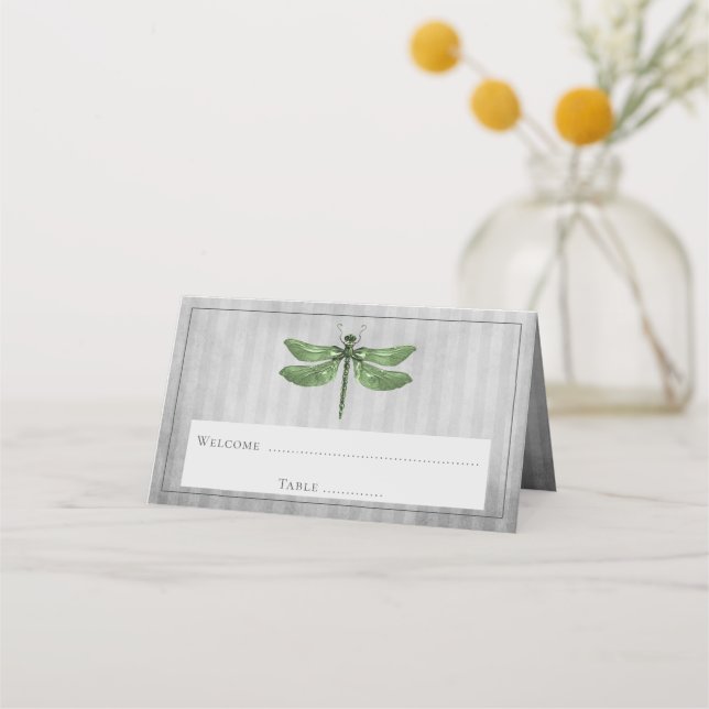 Green Jeweled Dragonfly Reception Place Card (Front)